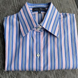 Ladies blue pink white 100% cotton striped dress shirt size 38 european